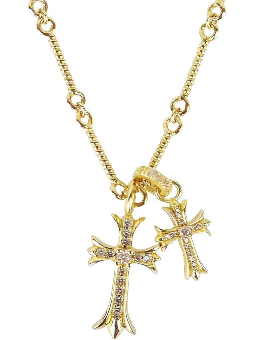 Double Cross Vintage CZ Diamond Cross Long Pendant Necklace 18k Gold Plated Chok
